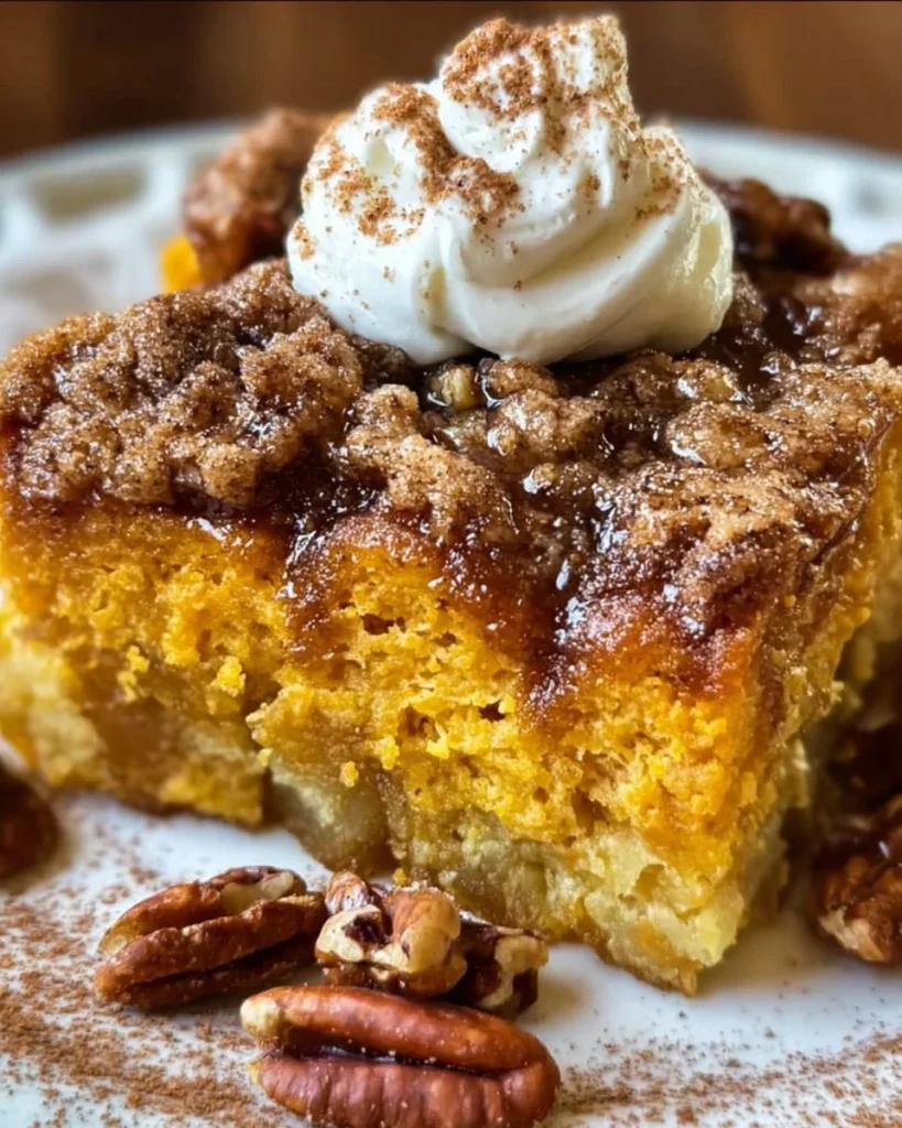 Delicious one-pan pumpkin dump cake topped with whipped cream