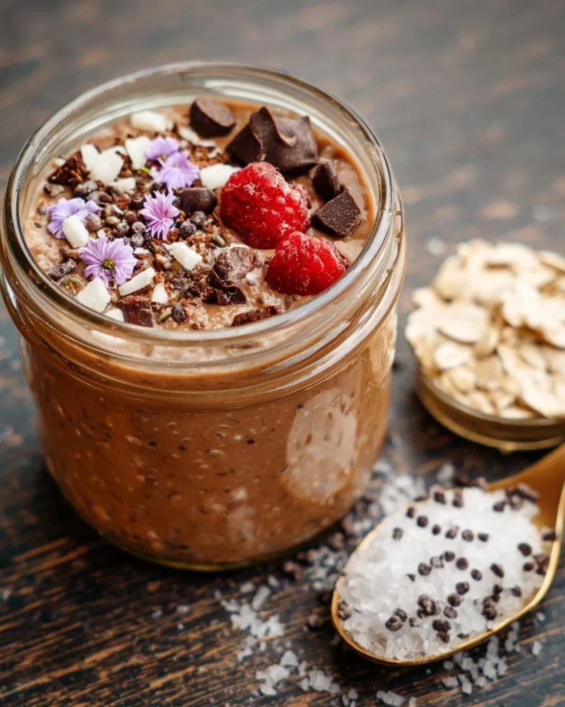 Overnight Brownie Batter Oats topped with chocolate and nuts for a delicious breakfast