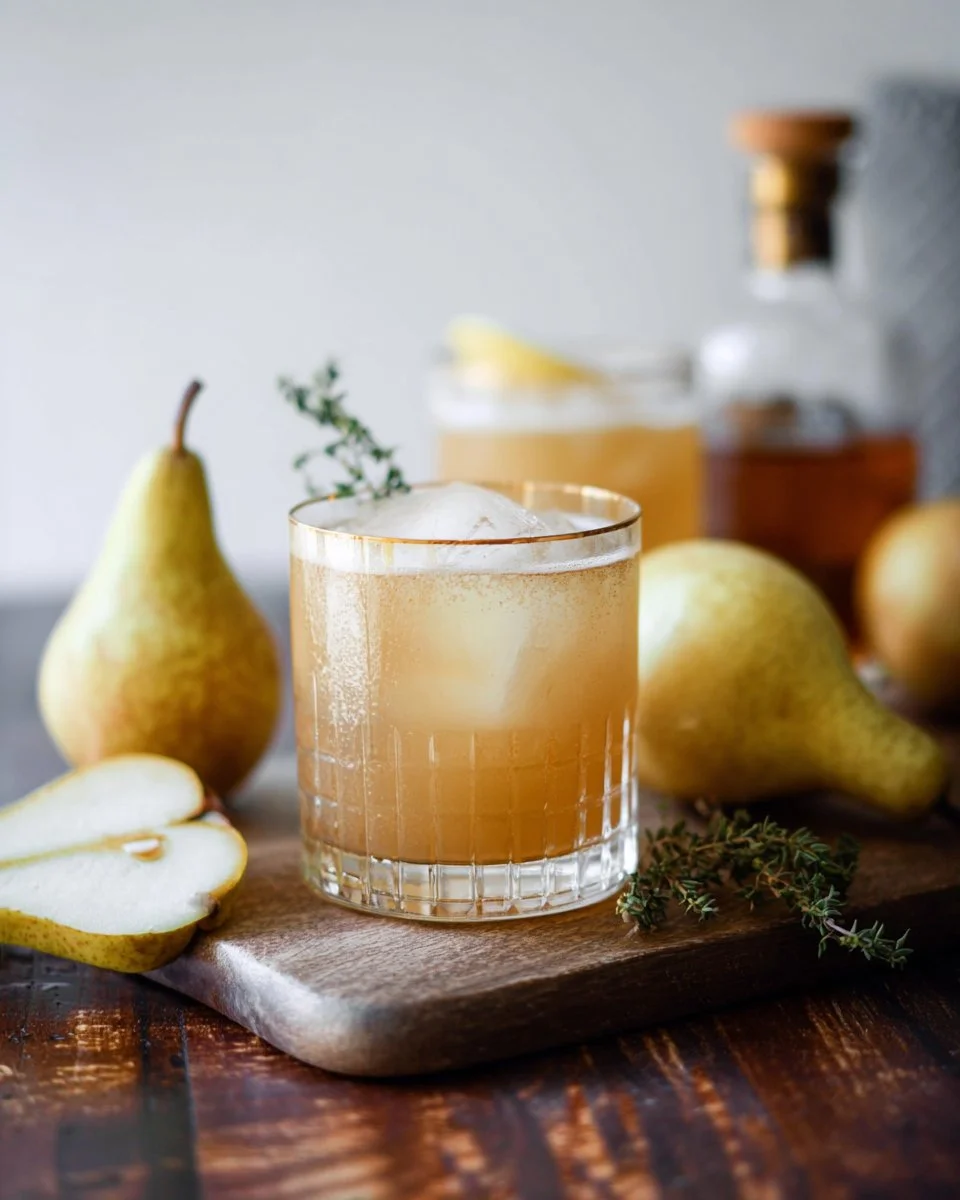 Delicious Pear Chai Shrub cocktail with Bourbon Fizz garnished with spices