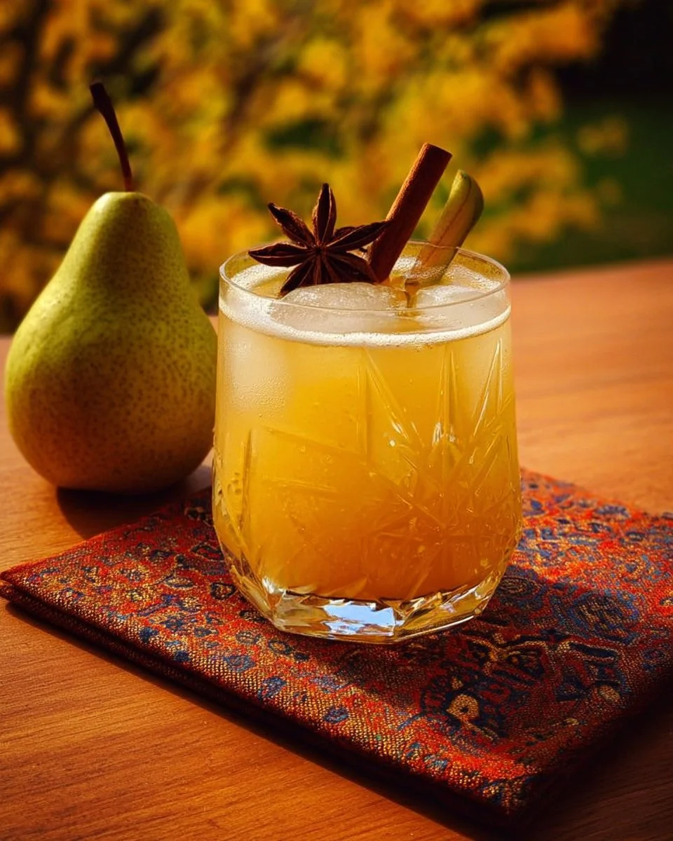 Refreshing Pear Ginger Cider Fizz drink in a glass with garnishes
