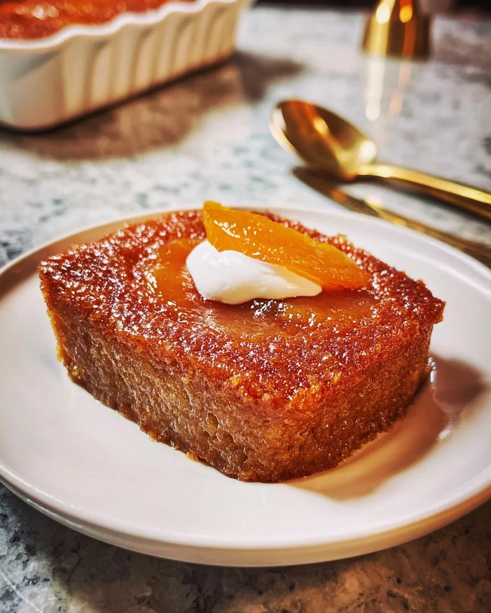 Homemade persimmon pudding served with whipped cream on a wooden table