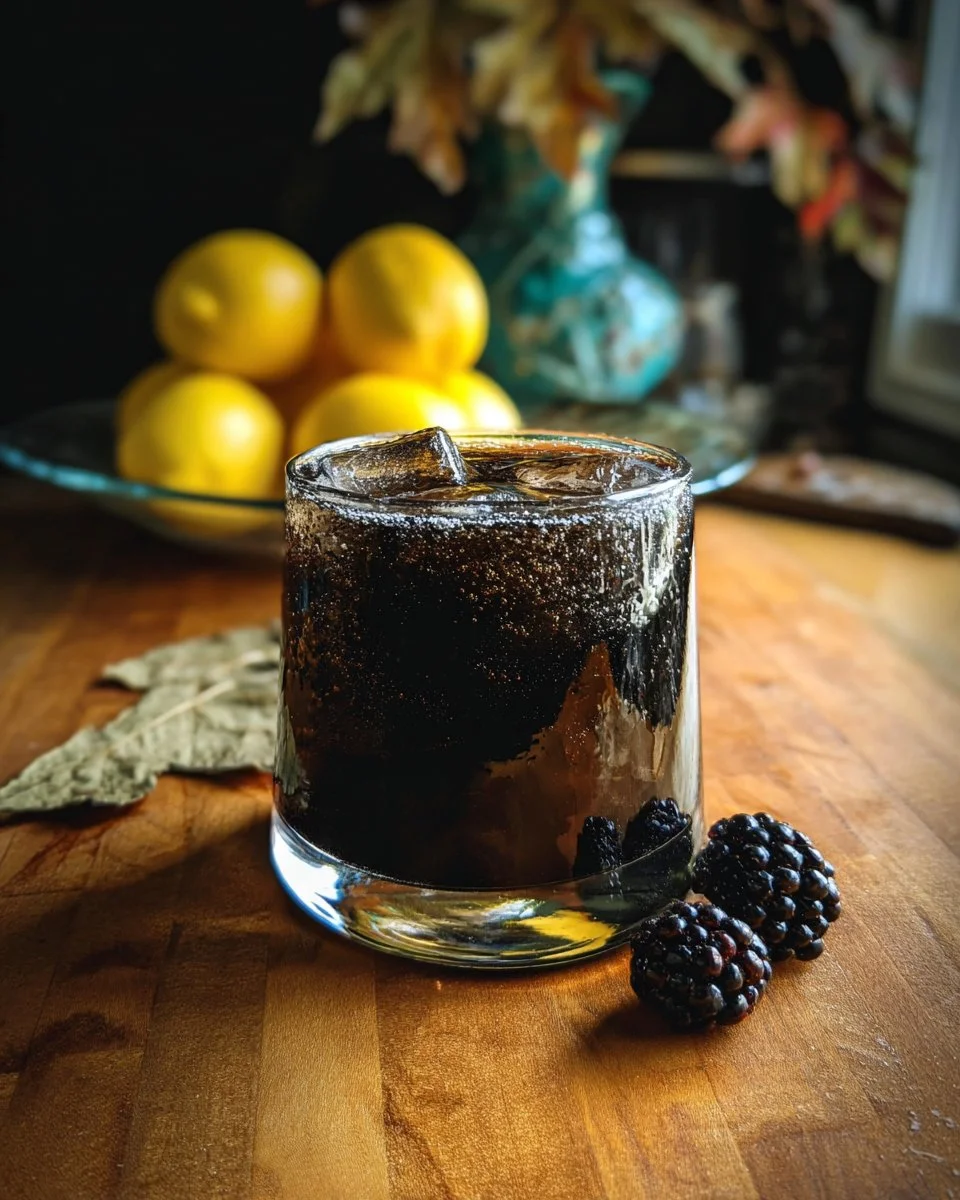Phantom Black Lemonade in a glass with lemon slices and ice cubes