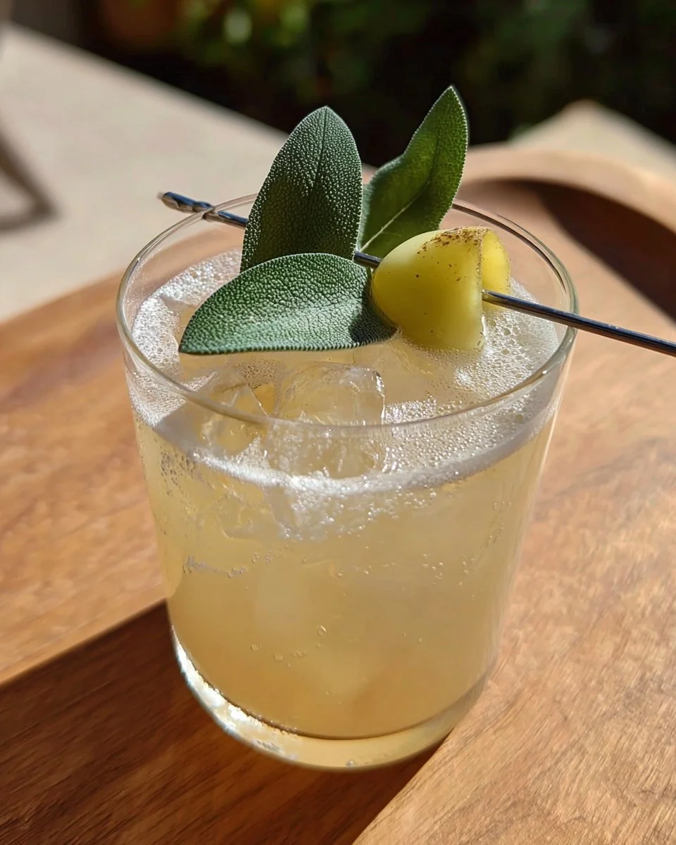 Glass of Poison Pear Sage Lemonade garnished with fresh sage and pears