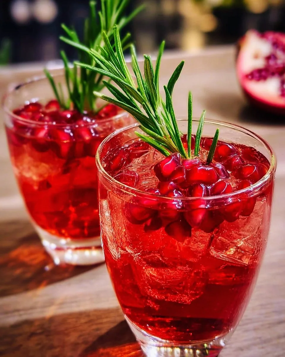 Pomegranate Rosemary Spritz cocktail garnished with rosemary and pomegranate seeds.