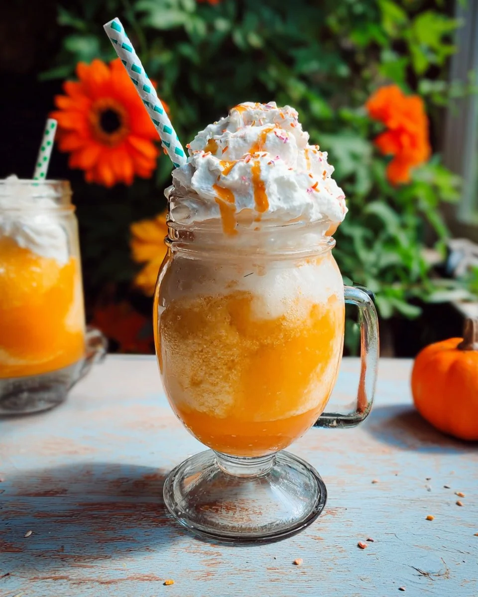 Delicious Pumpkin Cream Soda Float topped with whipped cream and caramel drizzle