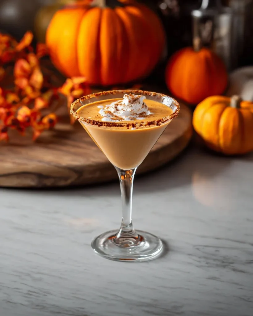 Pumpkin Pie Martini Mocktail served in a festive glass with autumn decorations