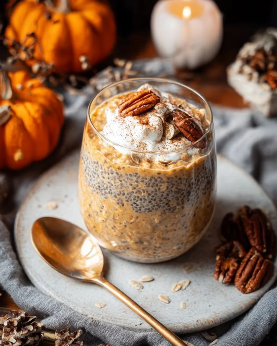 Bowl of pumpkin pie overnight oats with chia seeds and autumn spices