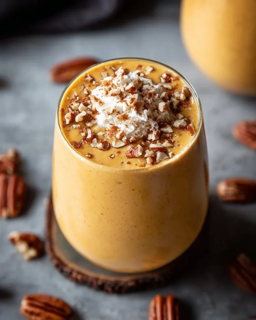 Pumpkin pie smoothie topped with whipped cream and spices in a glass