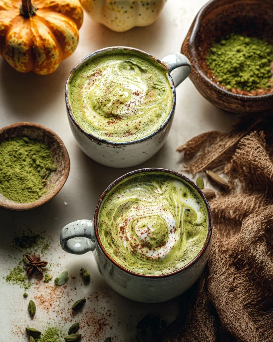 Delicious Pumpkin Spice Matcha Latte served in a cozy cup