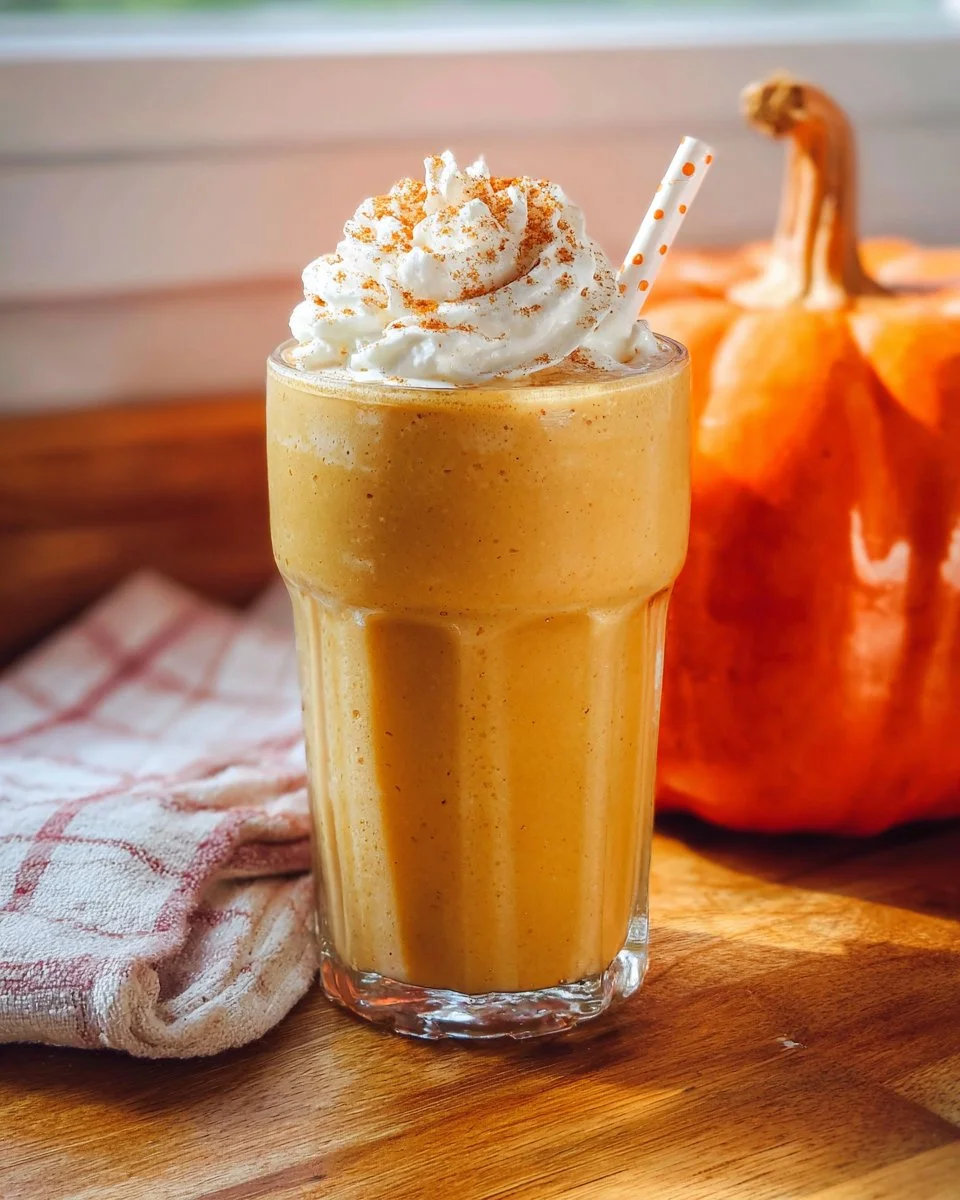 Delicious pumpkin spice milkshake topped with whipped cream and autumn spices.