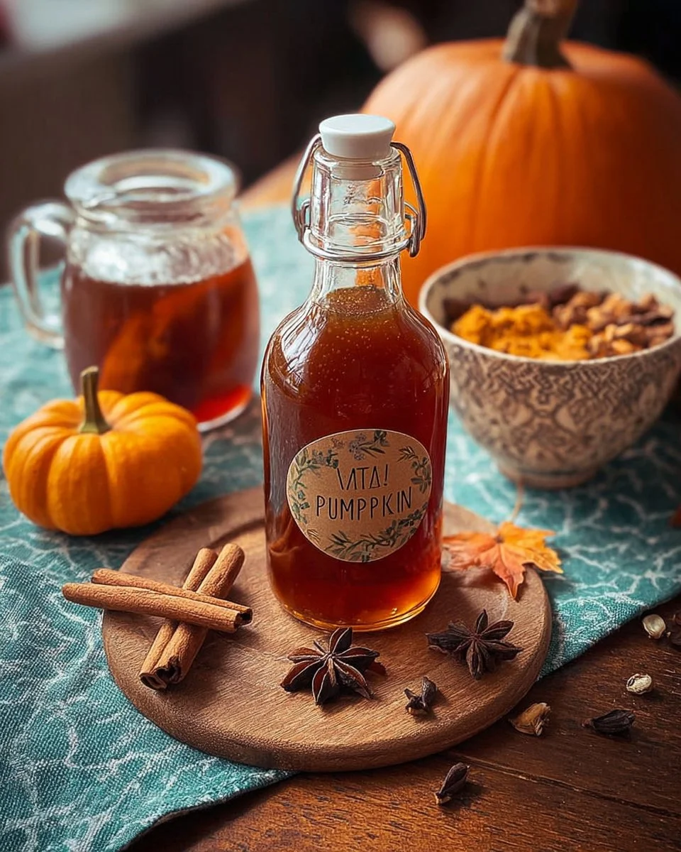 Bottle of Pumpkin Spice Syrup with Real Pumpkin for fall beverages