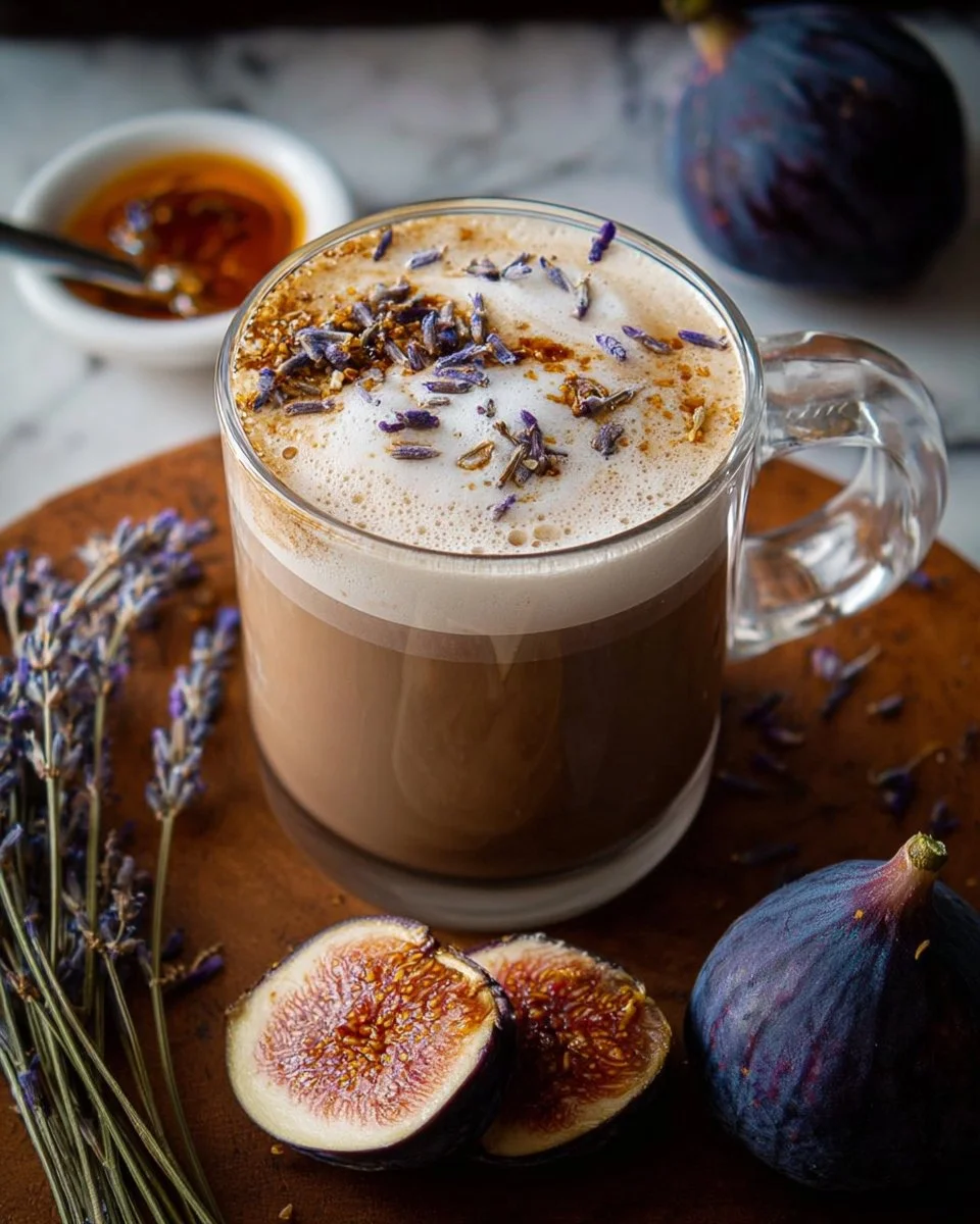 Delicious roasted fig and lavender moka pot latte served in a rustic cup