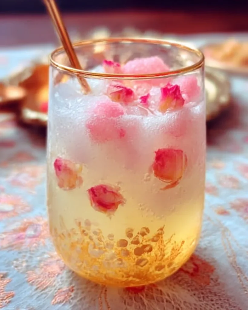 Refreshing Rose Lychee Lemonade served in a glass with rose petals.
