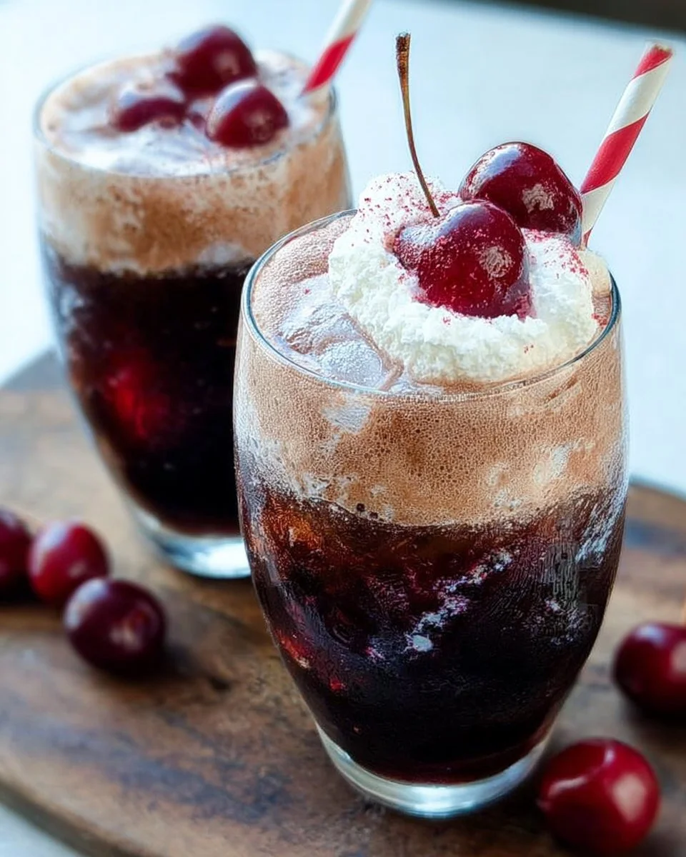 Delicious Shadow Cherry Cola Floats served in a glass with ice.
