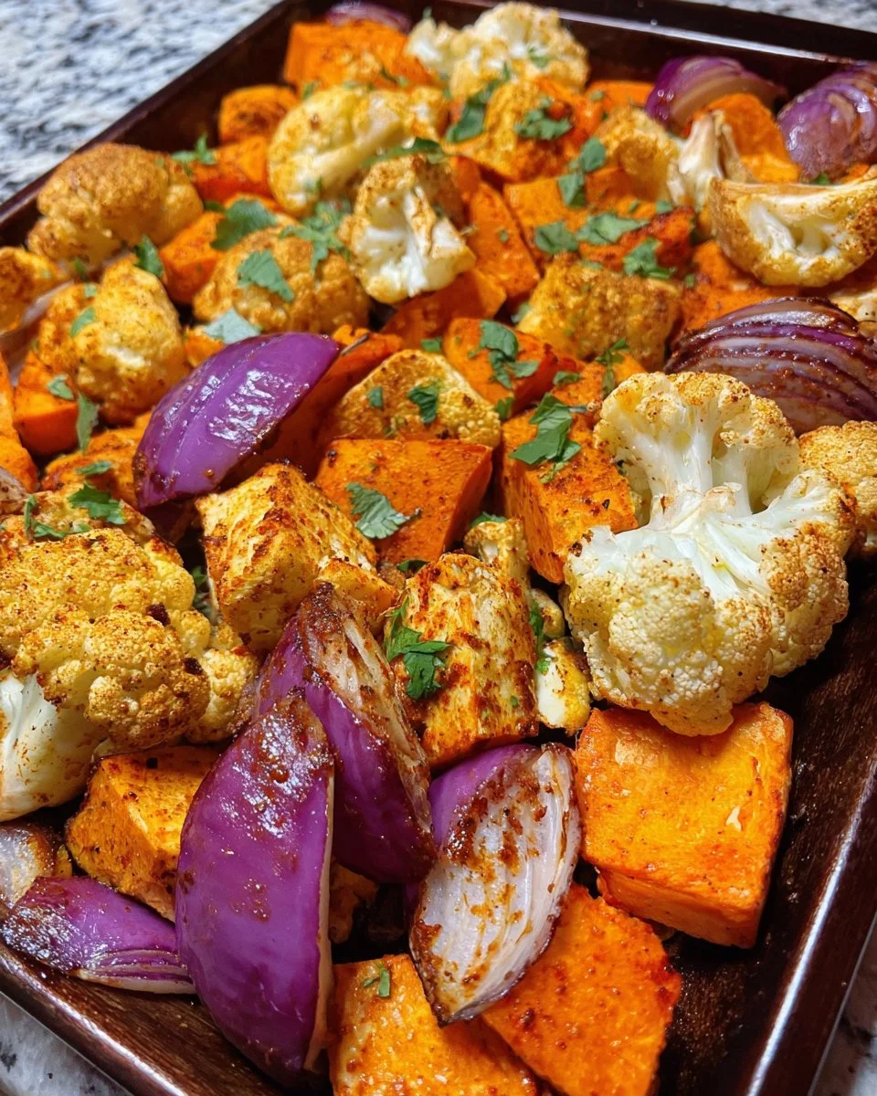 Sheet pan tofu with roasted cauliflower and sweet potatoes on a baking tray