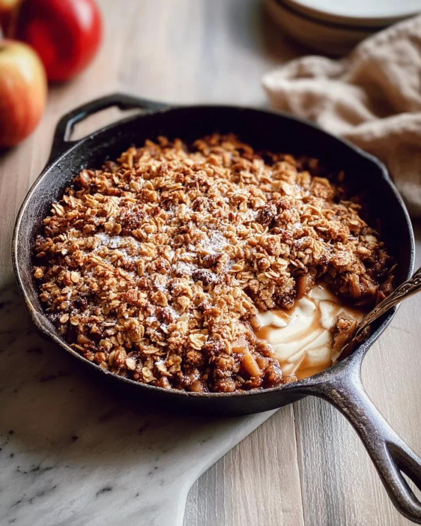 Skillet Apple Crisp with Oatmeal Crumble served in a cast iron skillet