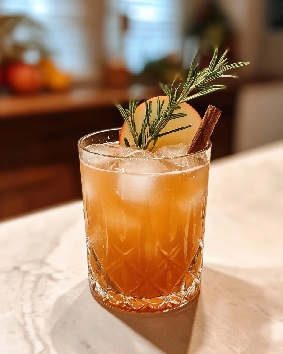 Smoky Apple Cider Paloma Mocktail in a glass with apple slices and cinnamon