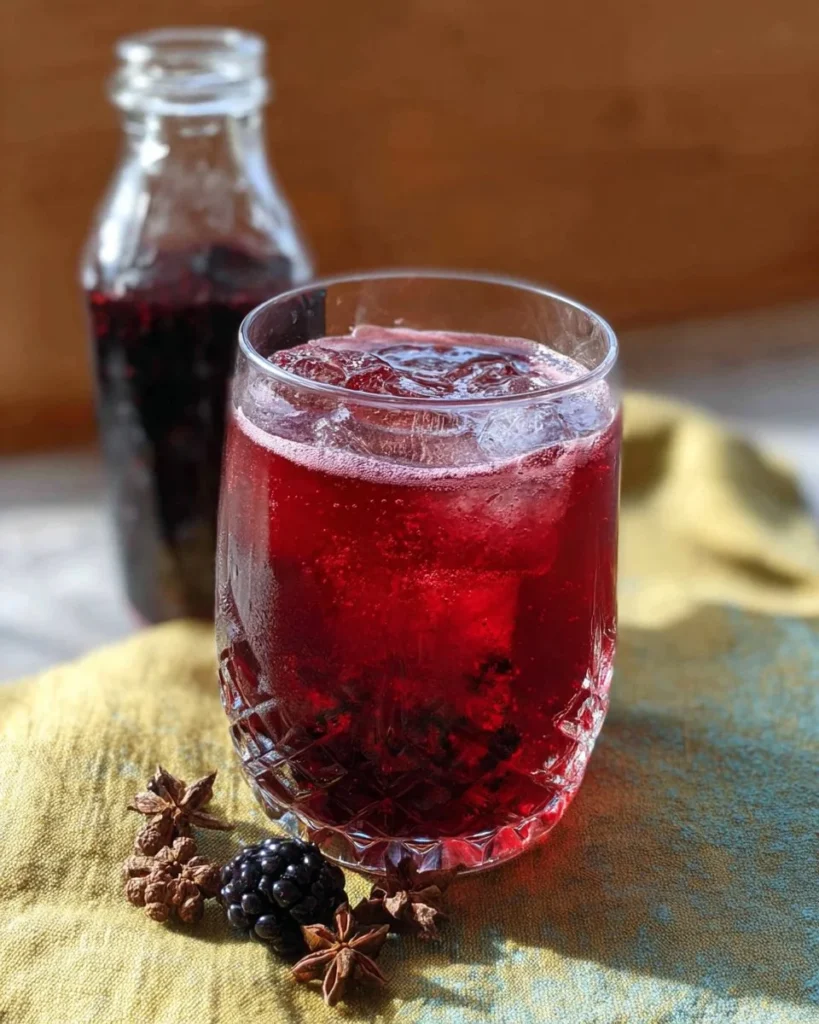 Glass of spiced blackberry vanilla tonic garnished with blackberries and vanilla beans.