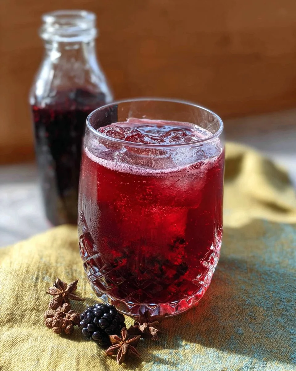 Glass of spiced blackberry vanilla tonic garnished with blackberries and vanilla beans.