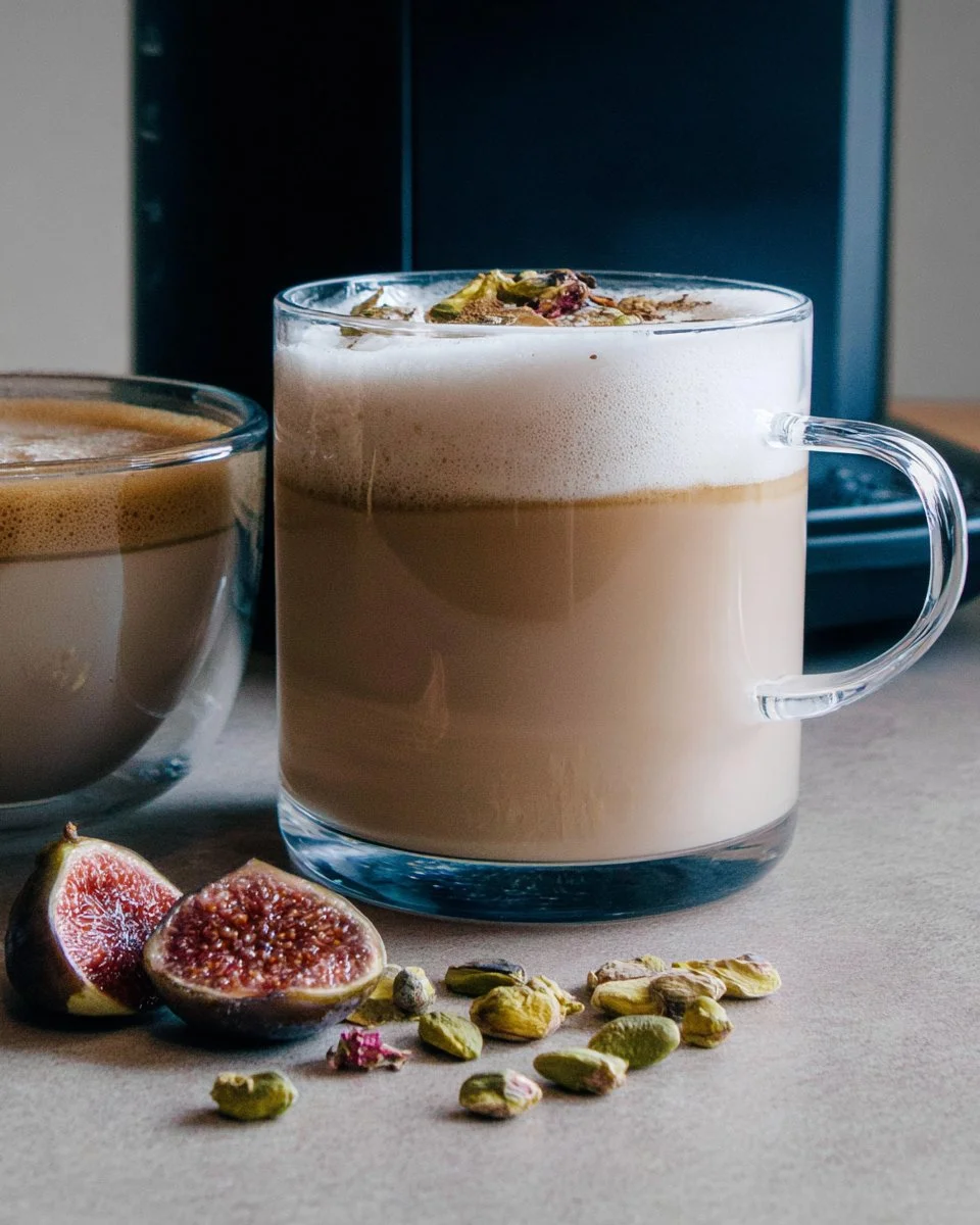 A delicious spiced pistachio milk latte topped with cardamom-fig syrup.