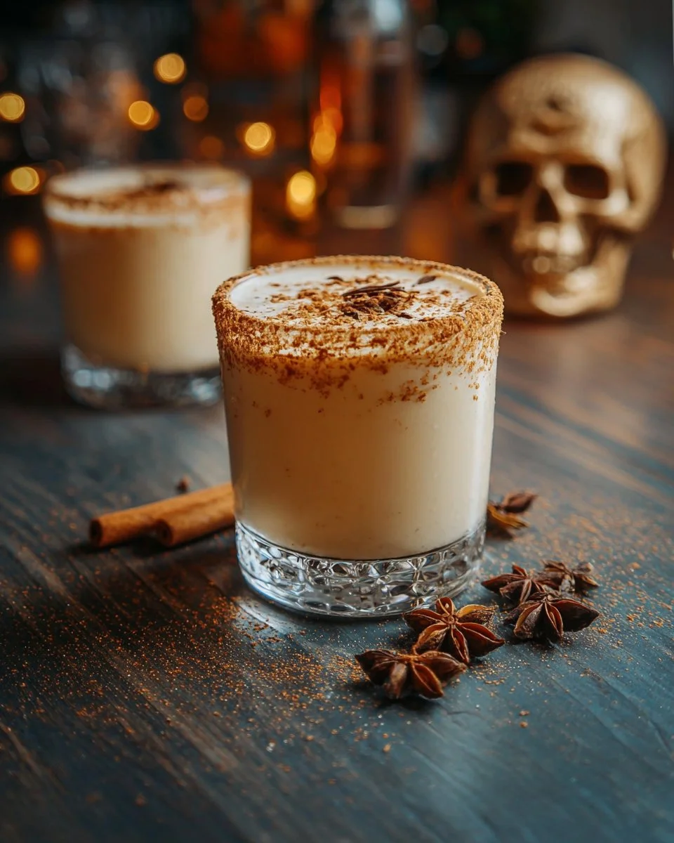 Spiced pumpkin eggnog mocktail garnished with nutmeg and cinnamon.