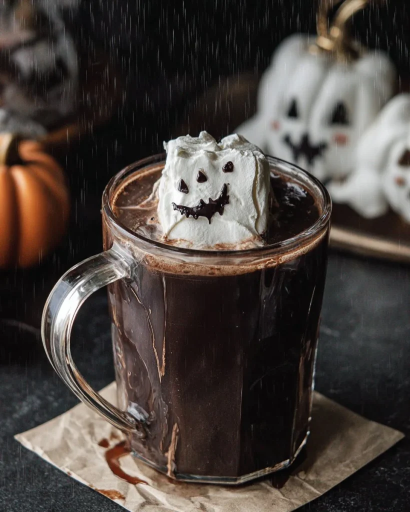 A mug of spooky dark hot chocolate topped with whipped cream and spooky sprinkles.