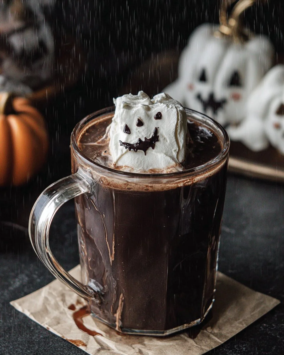 A mug of spooky dark hot chocolate topped with whipped cream and spooky sprinkles.