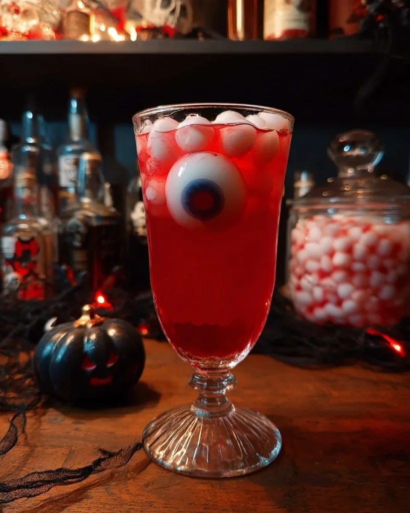 Spooky lychee fizz drink with eyeball garnish for Halloween parties