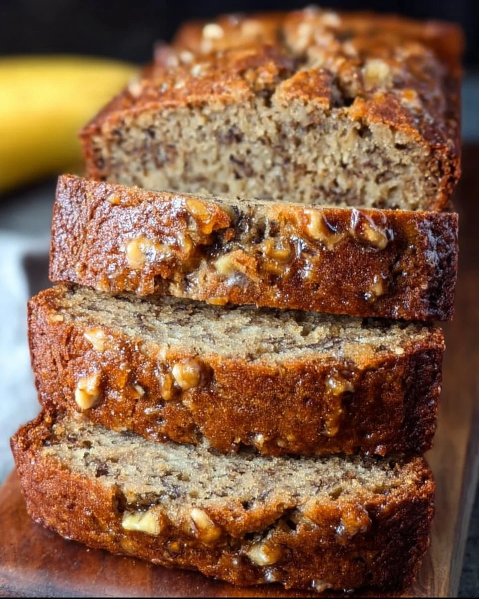 Freshly baked Starbucks copycat banana bread slices on a wooden board