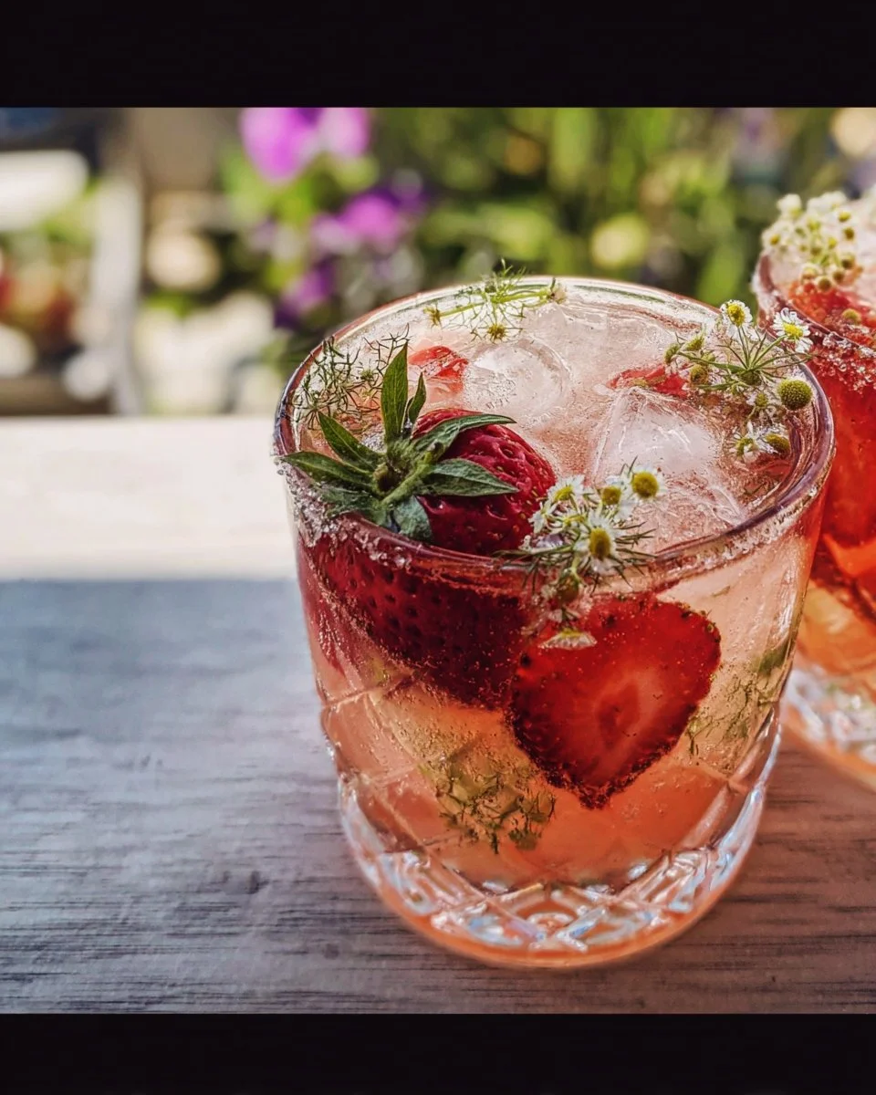 Strawberry and Chamomile Paloma Mocktail served in a glass with garnishes.