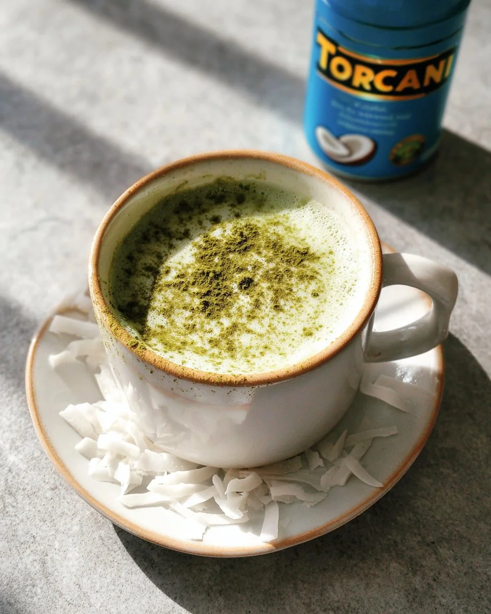 Toasted Coconut Matcha Latte in a cup with coconut flakes and matcha powder garnish