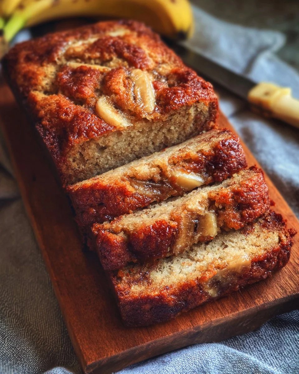 Delicious homemade banana bread loaf with bananas on a wooden table