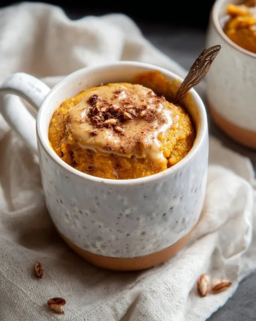 Delicious vegan pumpkin mug cake topped with whipped cream