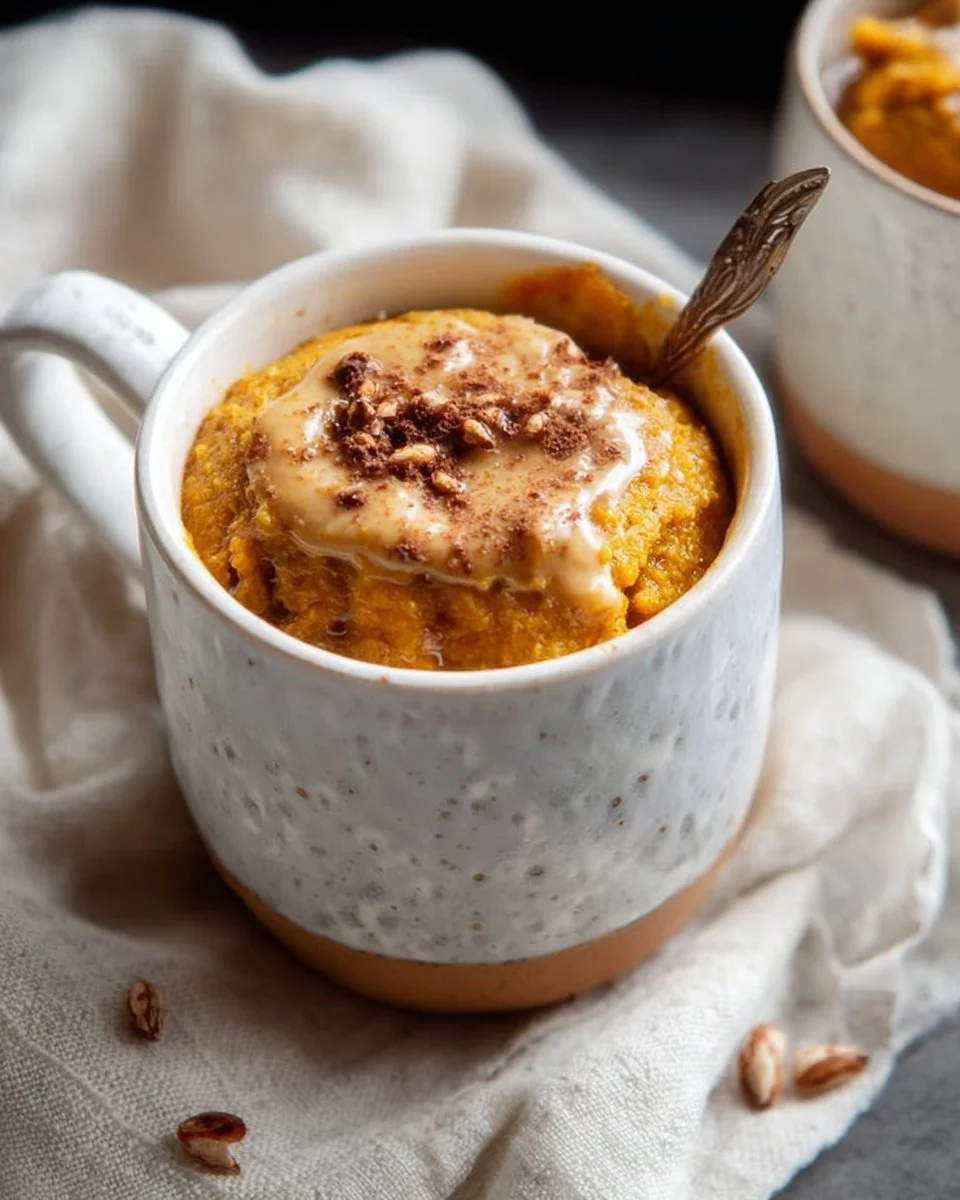 Delicious vegan pumpkin mug cake topped with whipped cream