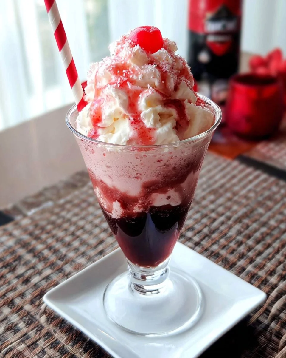 Velvet Raspberry Chocolate Cream Float with chocolate and raspberry layers