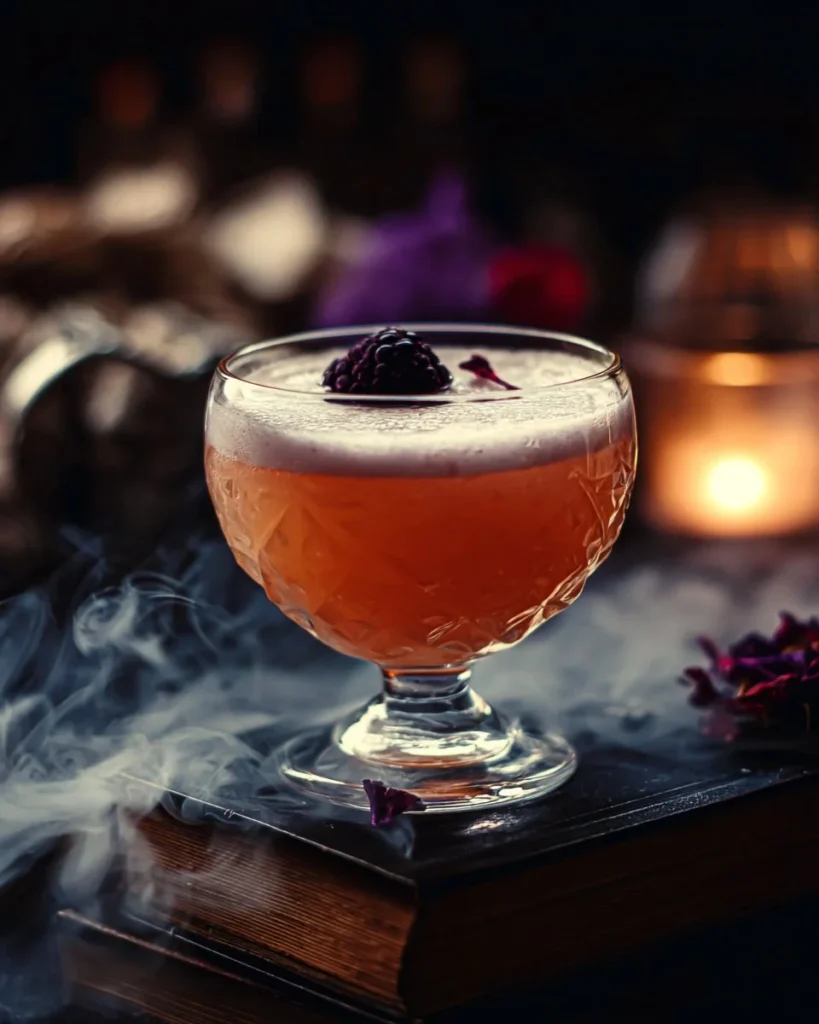 Witch Heart Mocktail garnished with fresh herbs and fruits in a glass.