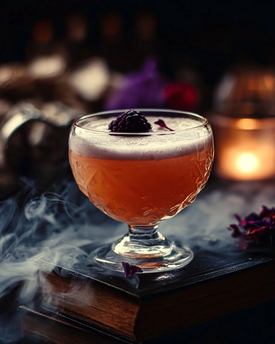 Witch Heart Mocktail garnished with fresh herbs and fruits in a glass.