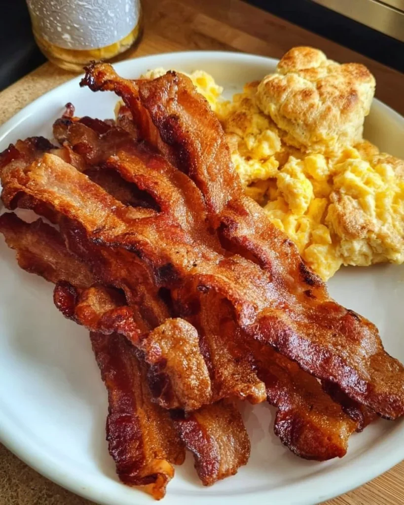 Delicious bacon biscuits served with cheesy scrambled eggs.