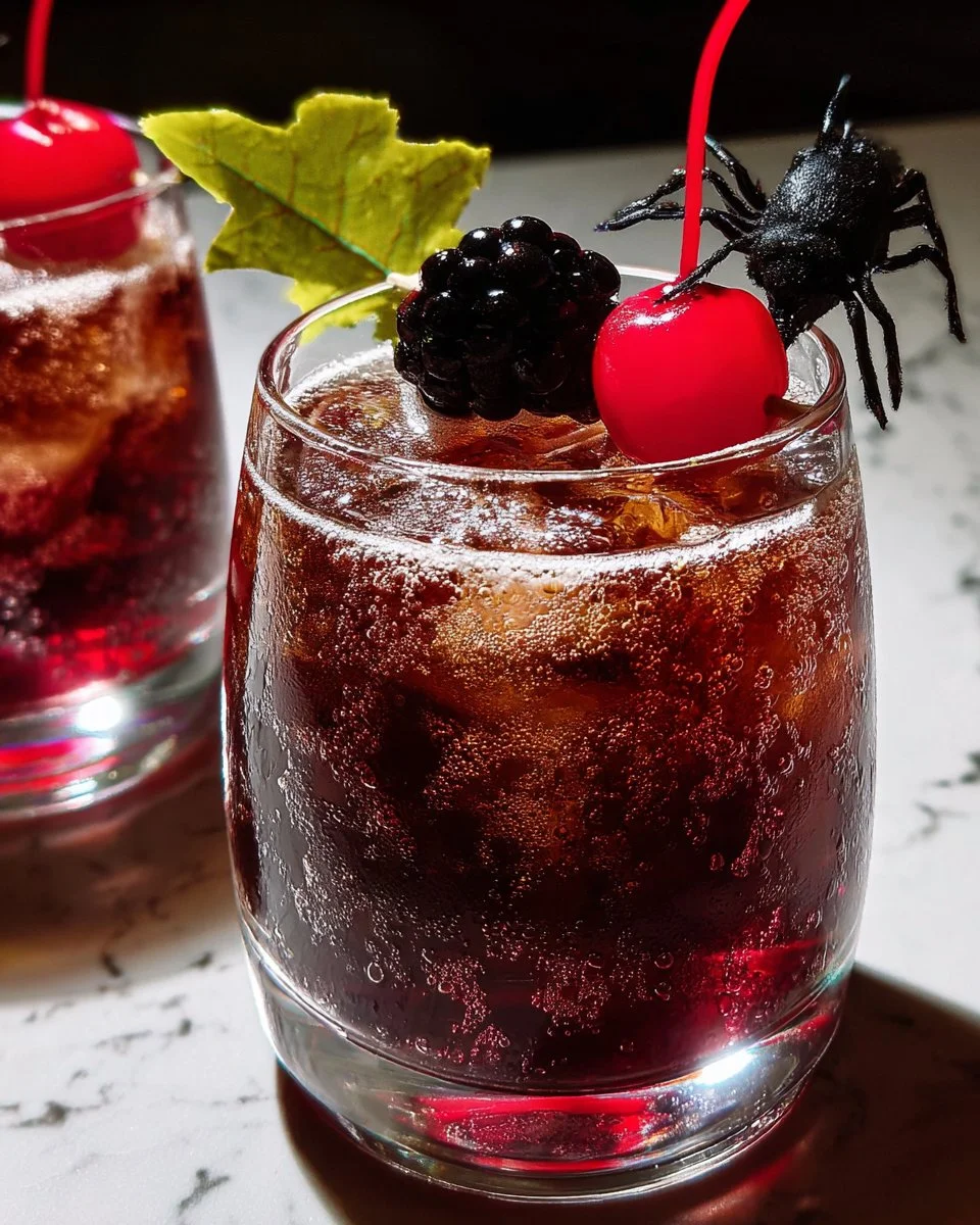 Black Widow mocktail served in a stylish glass with garnishes.