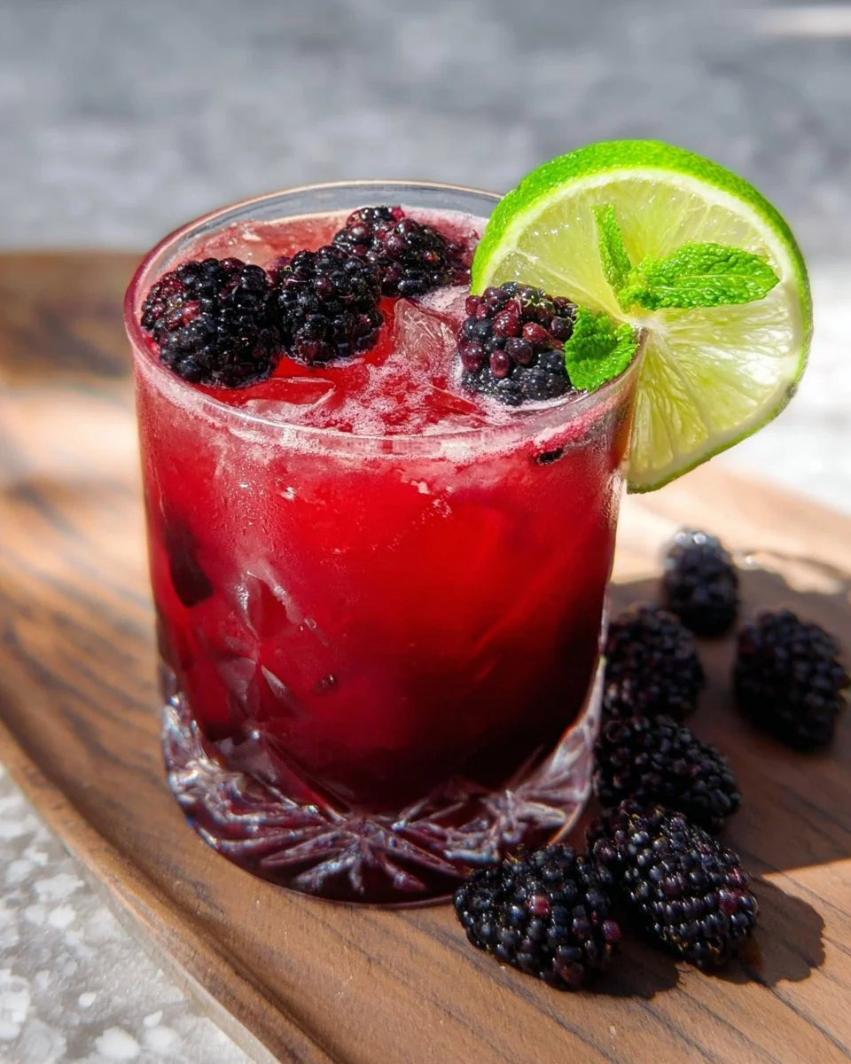 Blackberry Widow's Kiss mocktail with fresh blackberries and mint garnish