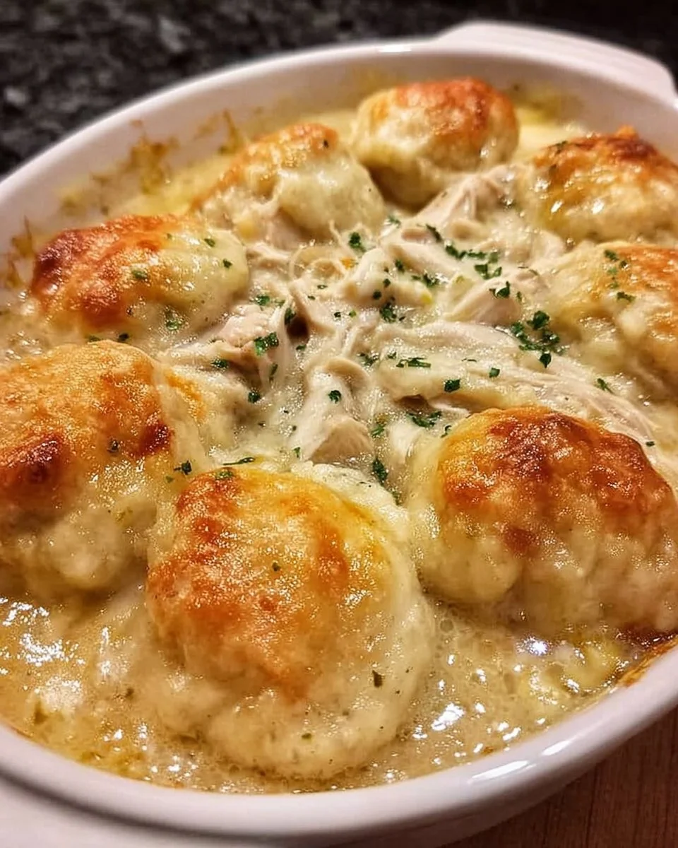 Delicious Chicken Dumpling Casserole served in a dish, ready to enjoy.