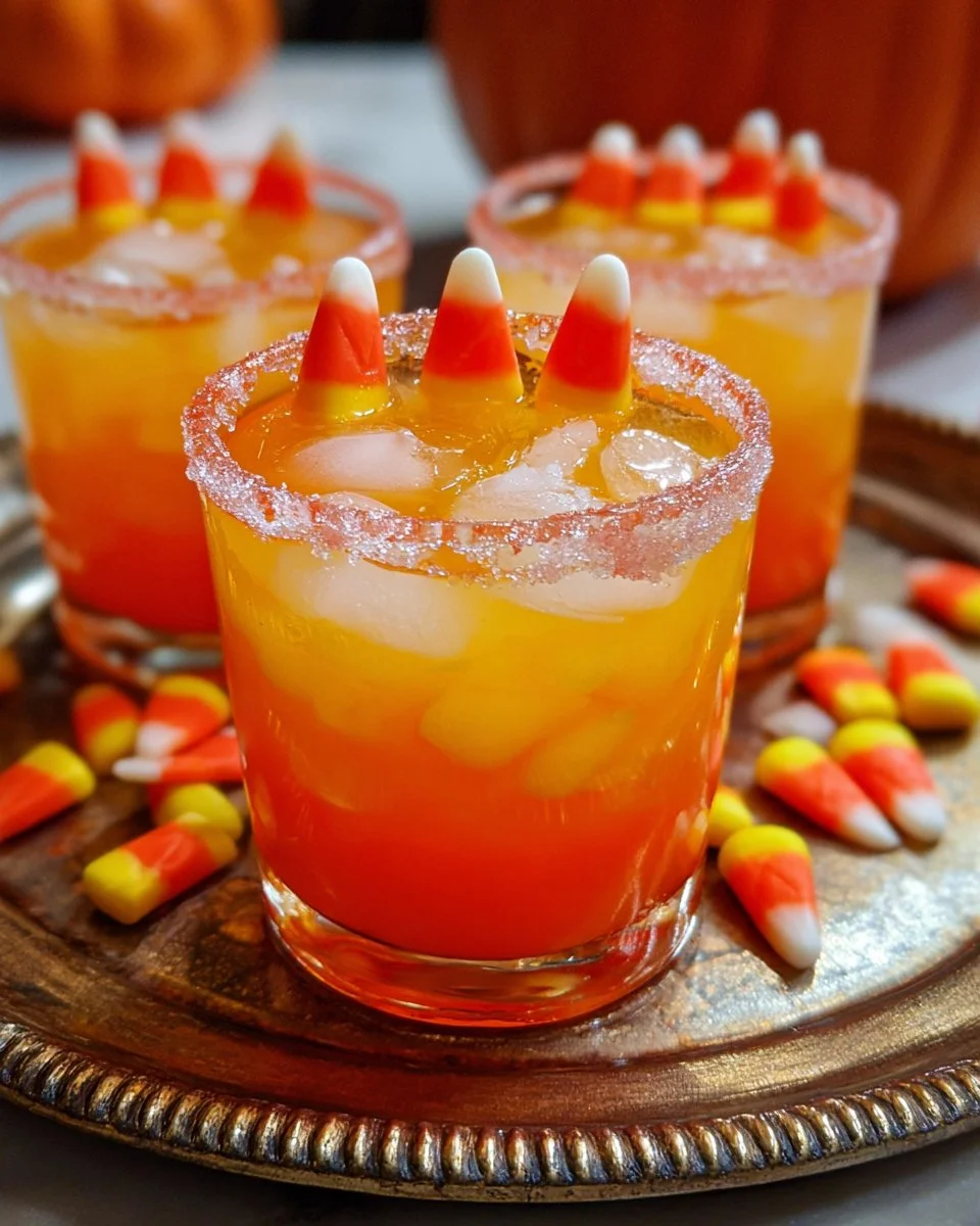 Colorful Children of the Candy Corn mocktail served in a fun Halloween-themed glass.