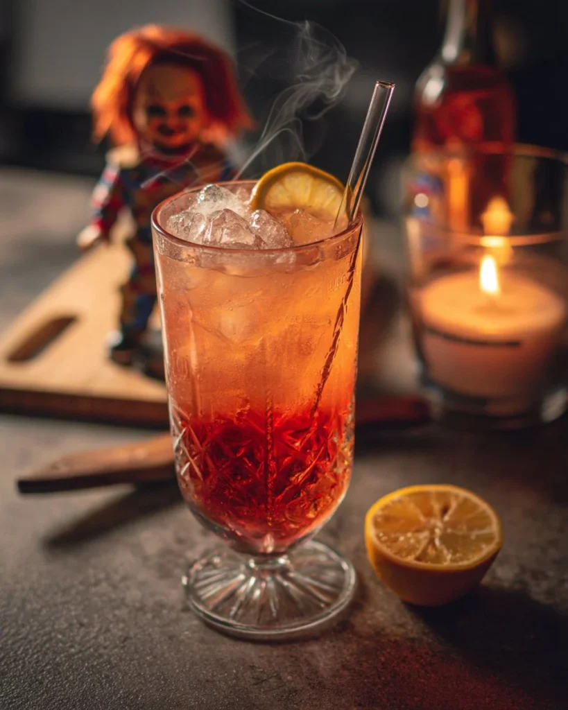 Chucky Mocktail served in a spooky glass with garnishes