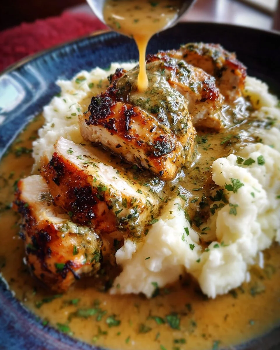 Cilantro lime roasted chicken with creamy mashed potatoes and pan gravy on a plate.