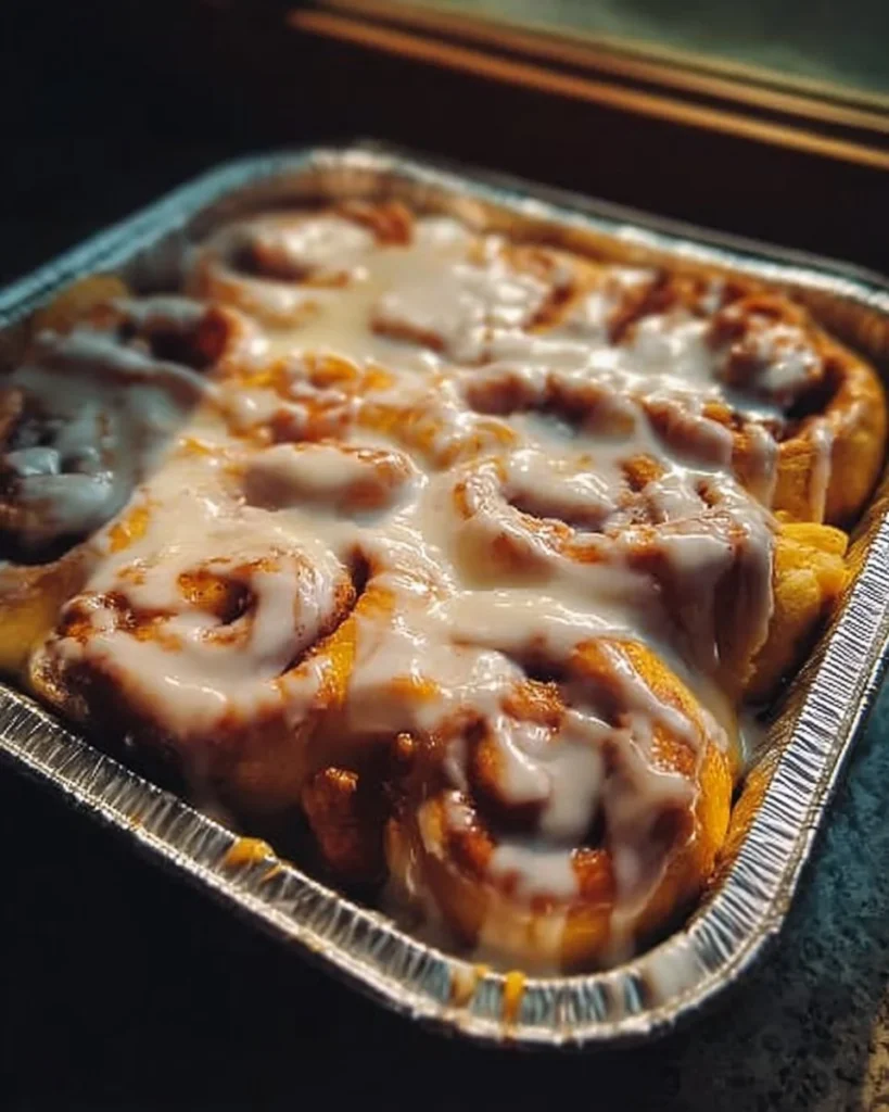 Freshly baked cinnamon roll drizzled with icing on a decorative plate