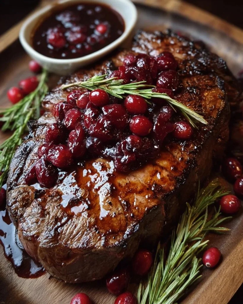 Cranberry Balsamic Ribeye Roast garnished with herbs on a serving platter