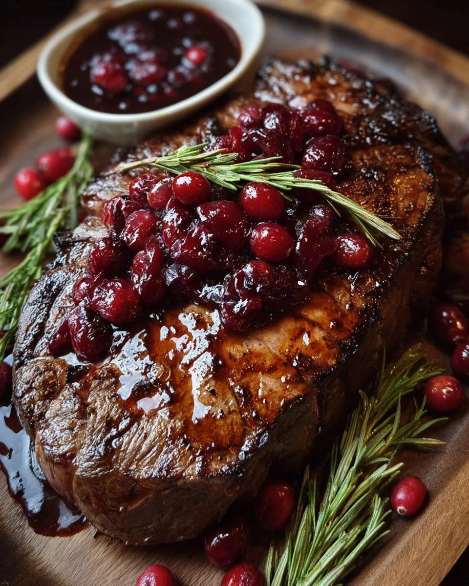 Cranberry Balsamic Ribeye Roast garnished with herbs on a serving platter