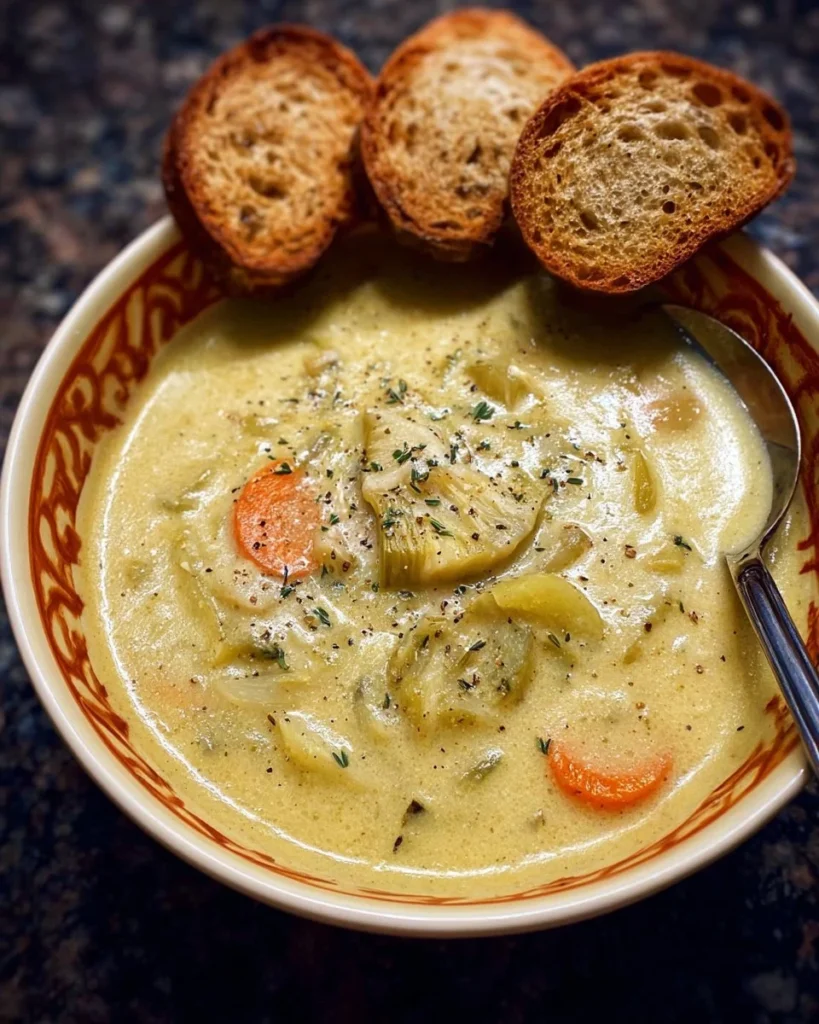 Creamy artichoke and vegetable soup in a bowl, garnished with fresh herbs.