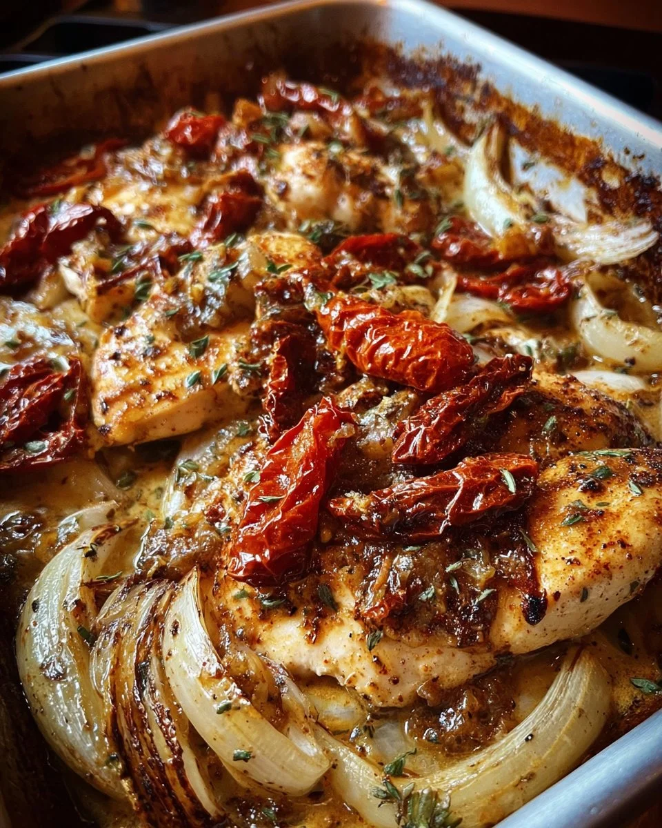 Creamy balsamic chicken dish with roasted onions and sun-dried tomatoes