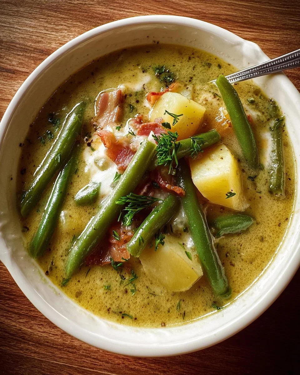 Bowl of creamy green bean and potato soup garnished with herbs